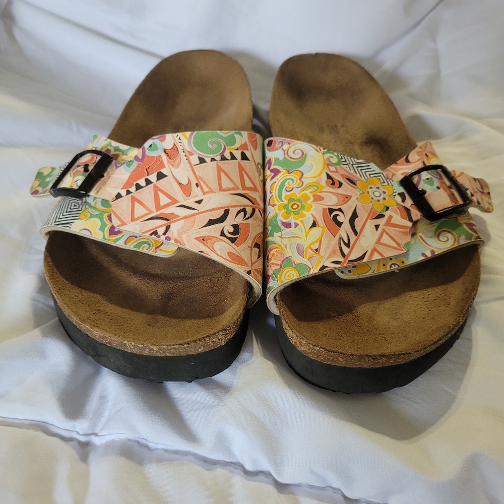 Birkenstock Peach Floral Geometric Slide Sandals W Sz 11 M Sz 9 Unisex - Picture 2 of 12